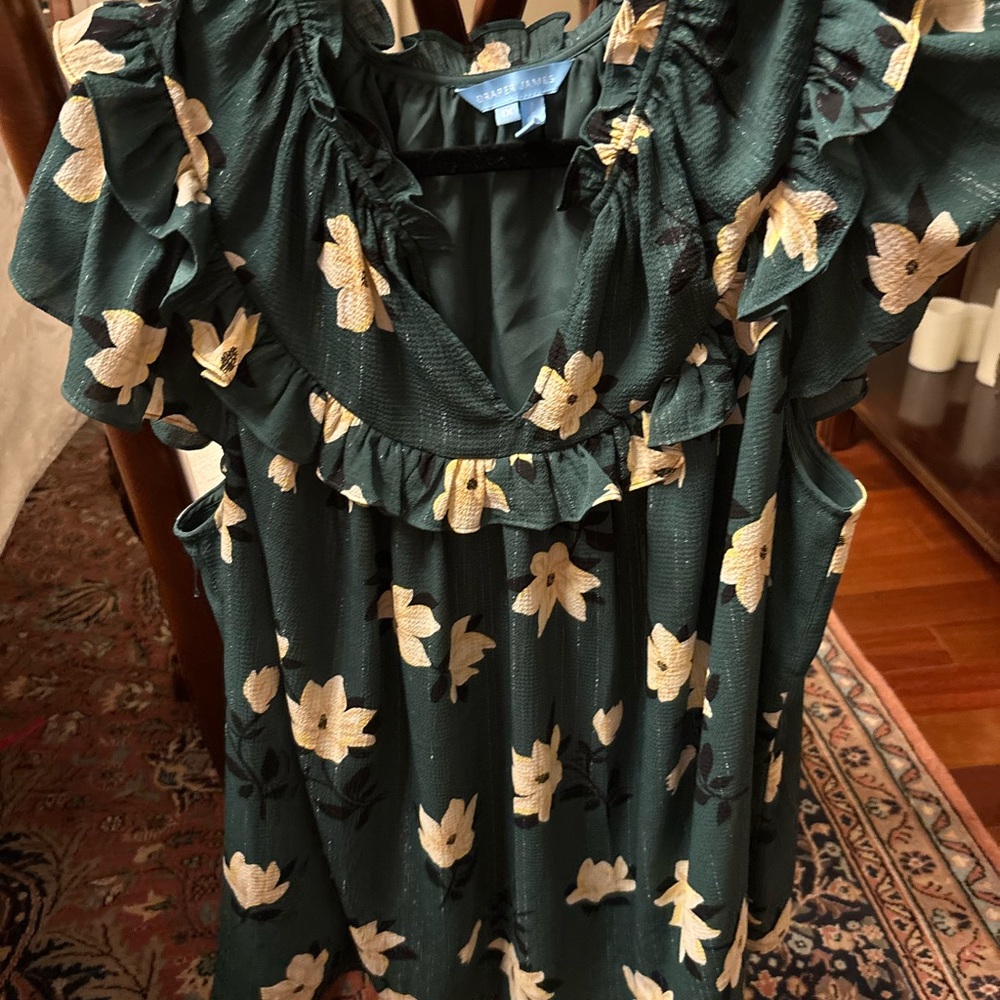 Draper James Green Floral Ruffle Neck Blouse